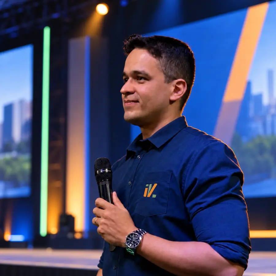 Isaque Victor no palco, com microfone e camisa com a marca iV.